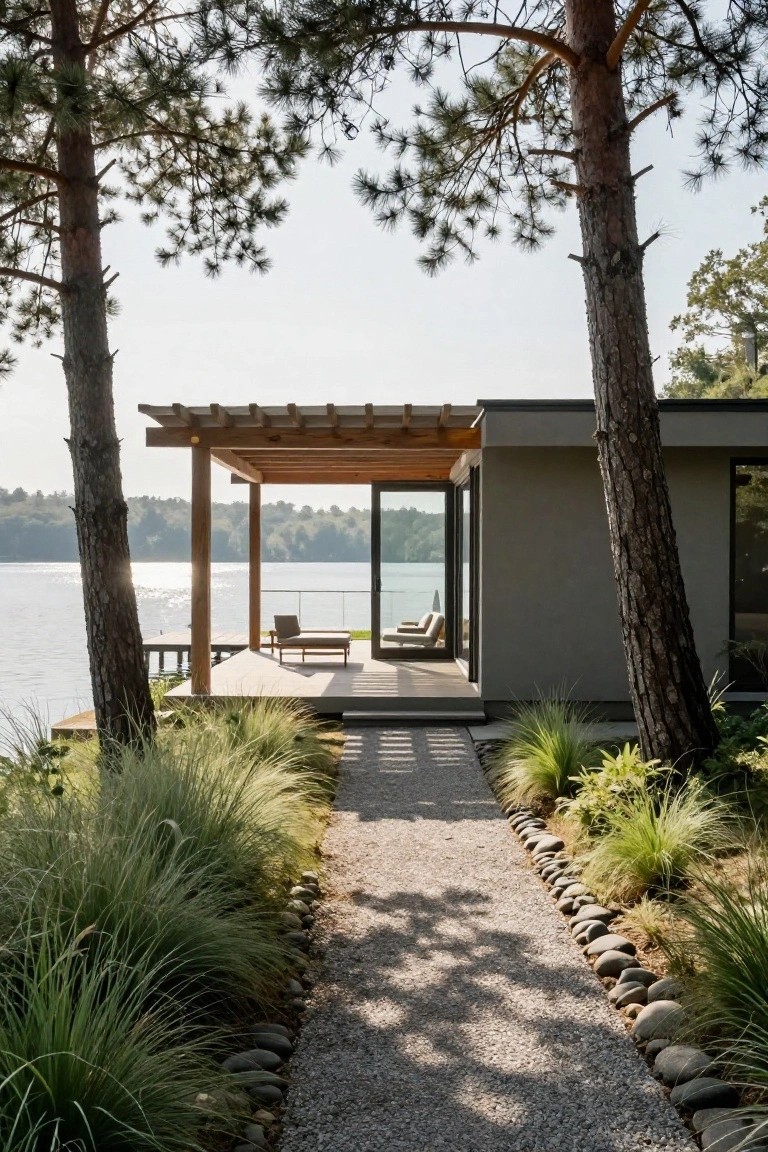 Gray modern house with wooden pergola-covered deck extending over lakefront dock, flanked by pine trees, with gravel pathway edged in grasses and rounded stones leading to it.