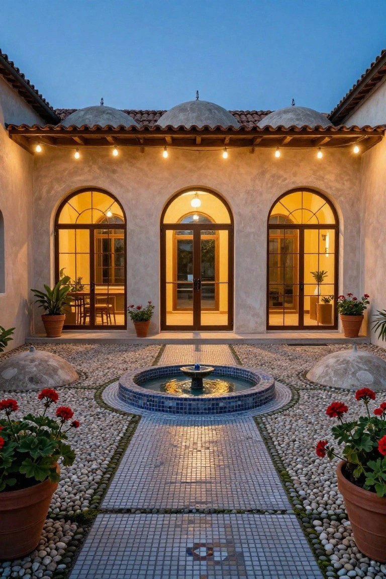 Beige stucco house facade at dusk with rounded plaster domes on tiled roof above three arched doorways lit from inside, central blue mosaic fountain in pebble courtyard with gravel path, potted red geraniums, and overhead string lights.