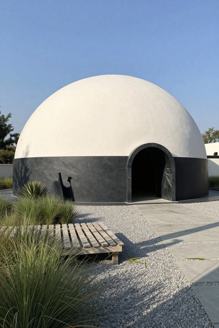 White dome-shaped building with black lower band and arched black entryway, next to gravel paths, grasses, wooden bench, and black peacock sculpture.