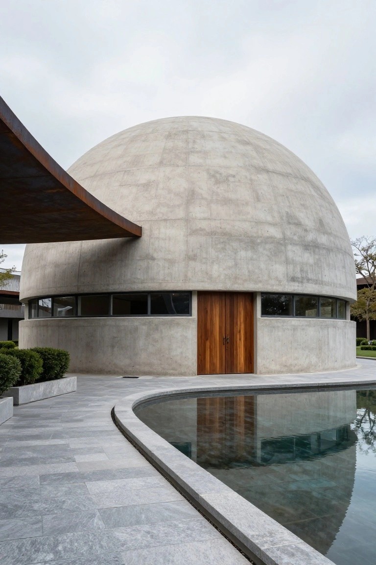 Gray concrete dome-shaped building with curved windows, brown wooden double doors, rusted metal canopy overhang, gray stone paving, low boxwood hedges, and adjacent curved reflecting pool.