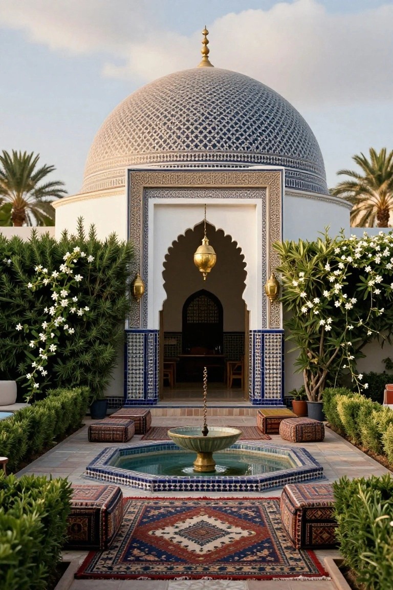 Domed white pavilion with blue-tiled dome and arched entrance facing a central octagonal green-tiled fountain, low fabric poufs on patterned rugs, hedges, palms, and potted plants in a courtyard.
