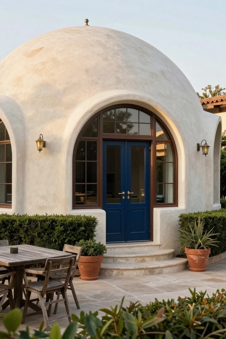 Beige stucco dome structure featuring an arched window and blue double doors as the entry, with wall lanterns, stone steps, potted plants, boxwood hedges, and a wooden table with chairs on a tiled patio.