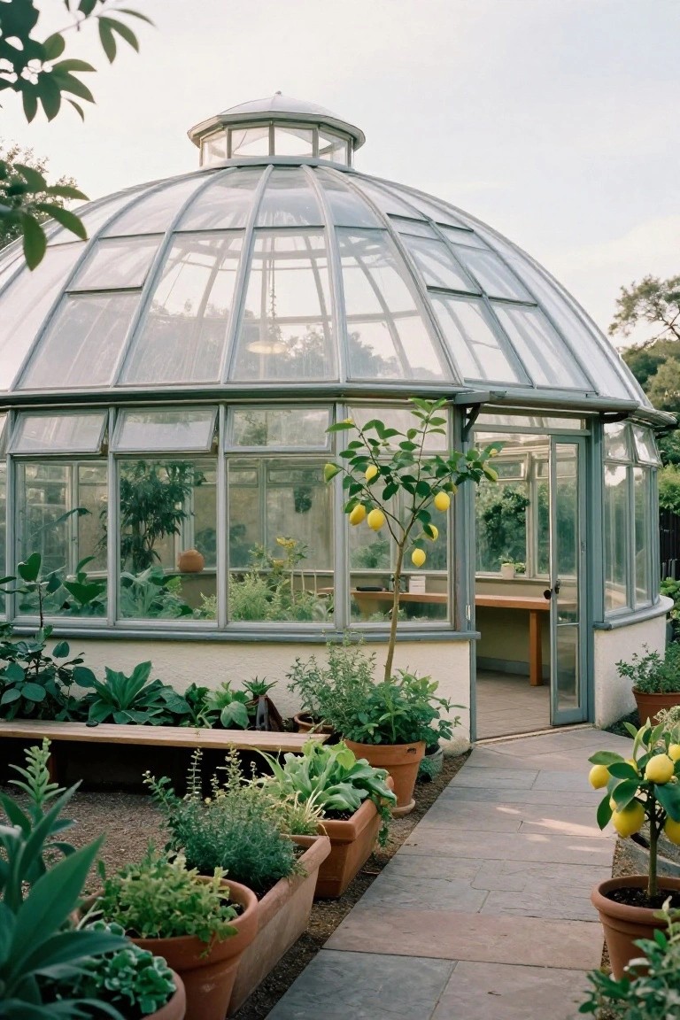 A large curved glass dome greenhouse with lemon trees outside and potted plants inside, surrounded by gravel beds and a stone path in a garden setting.
