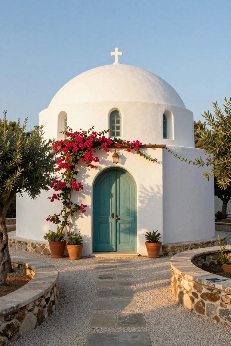 White domed building with a cross-topped roof, turquoise arched double doors, pink bougainvillea vines climbing the wall, olive trees on either side, potted plants, and a pebble path with stone edging leading to the entrance.