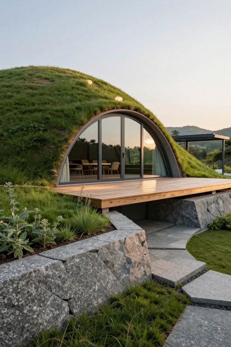 Dome-shaped house partially embedded in a hillside with a grass-covered roof, large curved glass entrance doors, wooden deck platform, stone retaining wall, and surrounding landscaping against a sunset sky with hills.