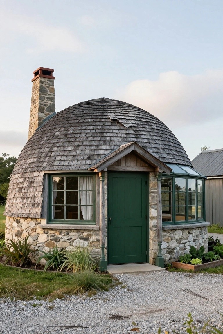 Small dome-shaped house with fieldstone base, cedar shingle roof, green wooden door, multipaned windows, stone chimney, and plants along gravel path.