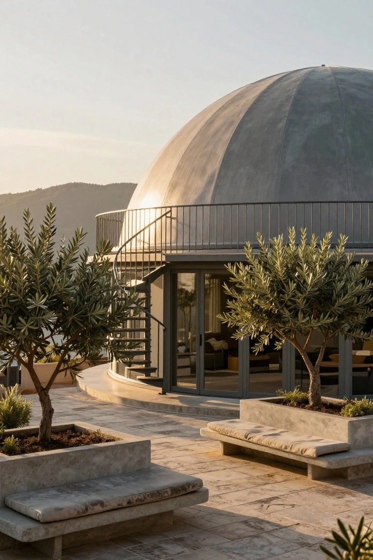 Modern dome home exterior with metallic curved roof, spiral metal staircase, glass sliding doors, concrete benches, potted olive trees, and stone terrace overlooking hills at sunset.
