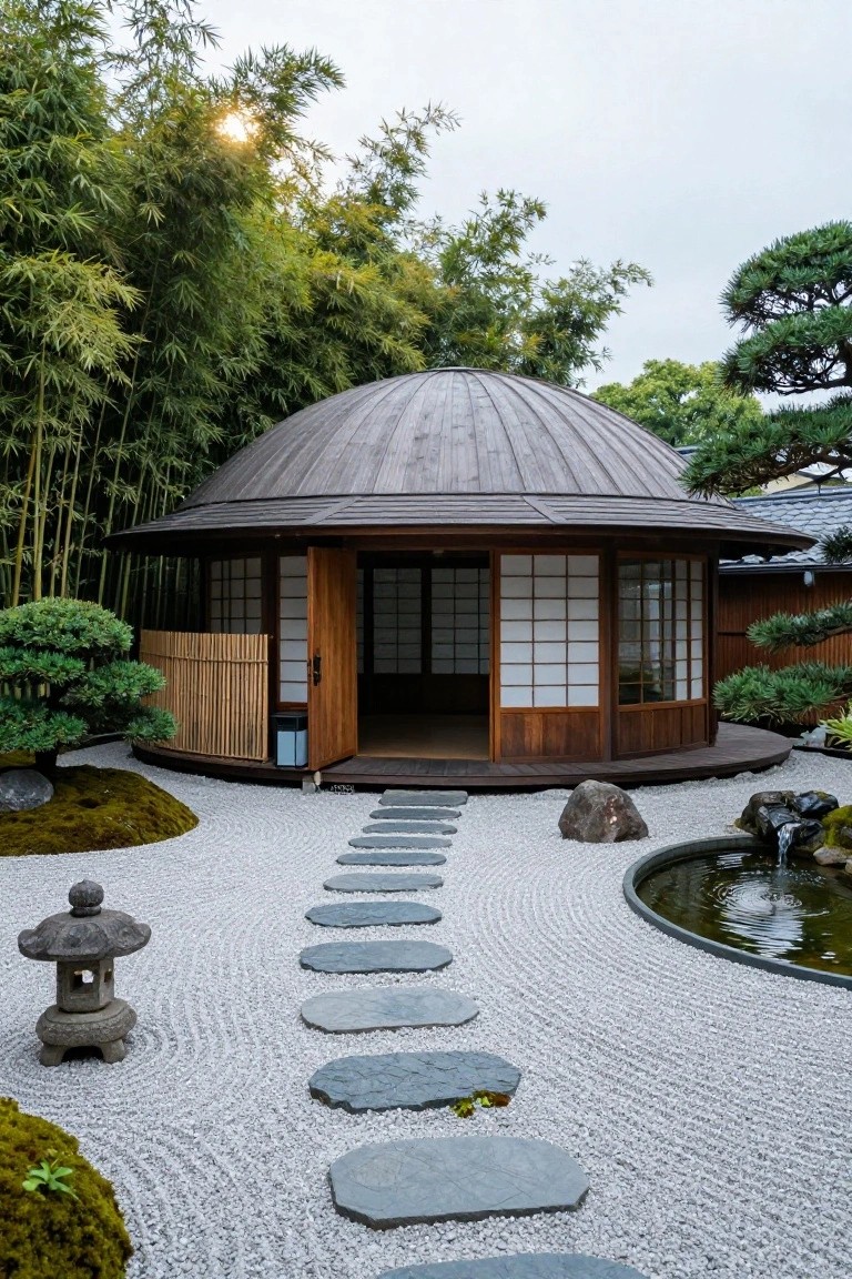 Round wooden dome pavilion with shoji screens, open sliding doors, and curved cedar-shingle roof, centered in a zen gravel garden with stepping stone path, stone lantern, mossy rocks, bonsai trees, bamboo fencing, and small pond.