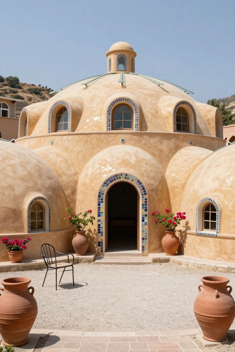 Beige stucco dome house with multiple curved sections, arched blue-tiled windows and entry door, flanked by terracotta pots with red flowers and a metal chair in a gravel courtyard.