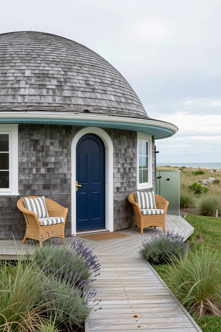 Small dome-shaped house with gray shingle siding and curved roof, blue arched front door flanked by wicker chairs on a wooden deck, wooden walkway lined with lavender and dune grasses leading toward a beach and ocean.