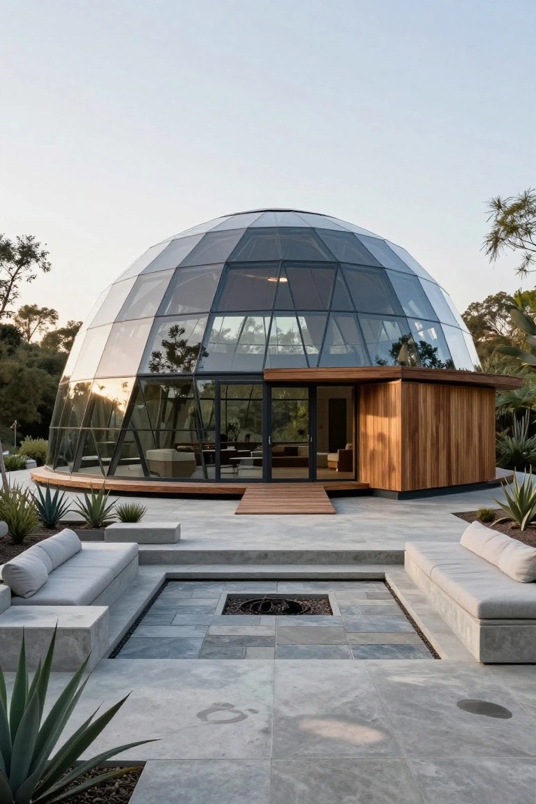 Faceted glass geodesic dome house with attached wooden entry pavilion, concrete patio with built-in cushioned seating, central fire pit, agave plants, and surrounding trees.