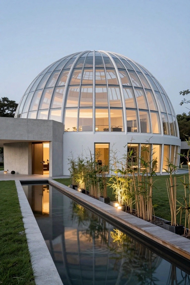 Geodesic dome house with extensive glass panels on the curved roof and walls, attached gray concrete entry structure, white base walls, bamboo plants, and a linear reflecting pool in a grassy yard at dusk.