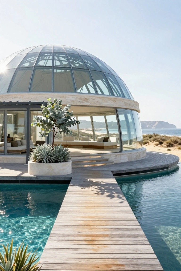Curved glass dome house with stone base on wooden deck extending over turquoise pool, agave plants nearby, ocean and cliffs in background.