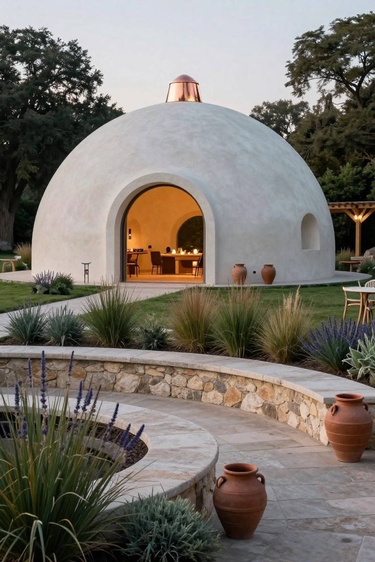 White plaster dome-shaped building with large arched open entryway showing warm interior lighting and furniture, surrounded by landscaped yard with grasses, lavender plants, stone retaining wall, circular fire pit area, and terracotta pots.