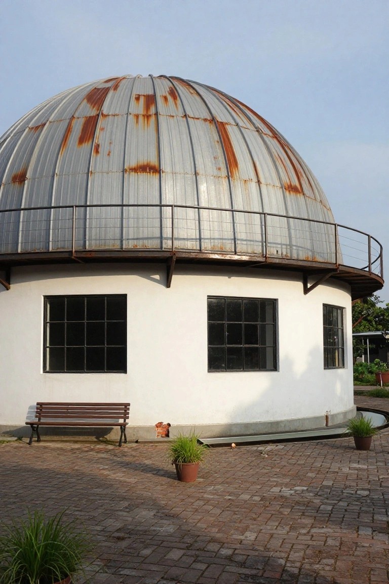 White cylindrical building with rusted corrugated metal dome roof, black-framed windows, wooden bench, potted plants, and brick pavement in foreground