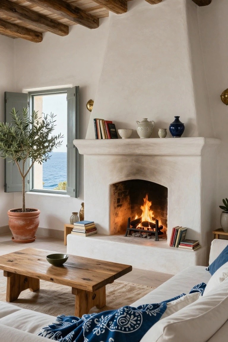 White arched plaster fireplace built into a white wall in a living room with wooden beamed ceiling, open window showing sea view, potted olive tree, wooden coffee table, and white sofa.