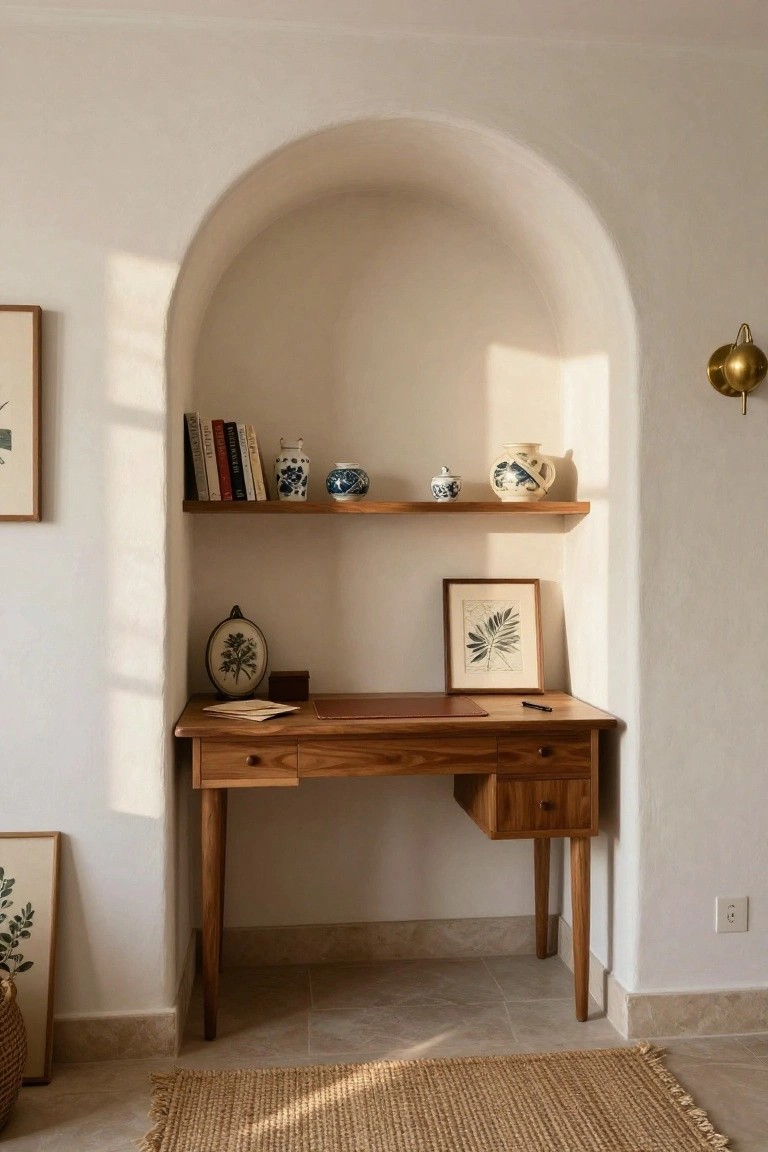 White arched alcove with wooden desk, shelves holding books and blue-and-white ceramic jars, framed botanical prints on walls, and jute rug on tiled floor.