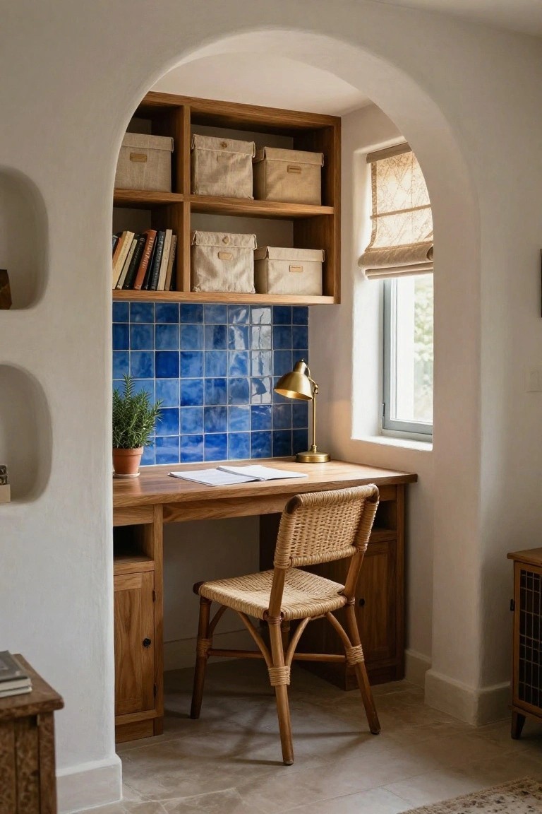 Arched indoor alcove with wooden built-in shelves holding fabric bins and books, blue tiled backsplash behind a wooden desk with rattan chair, potted plant, gold desk lamp, and window with shades.