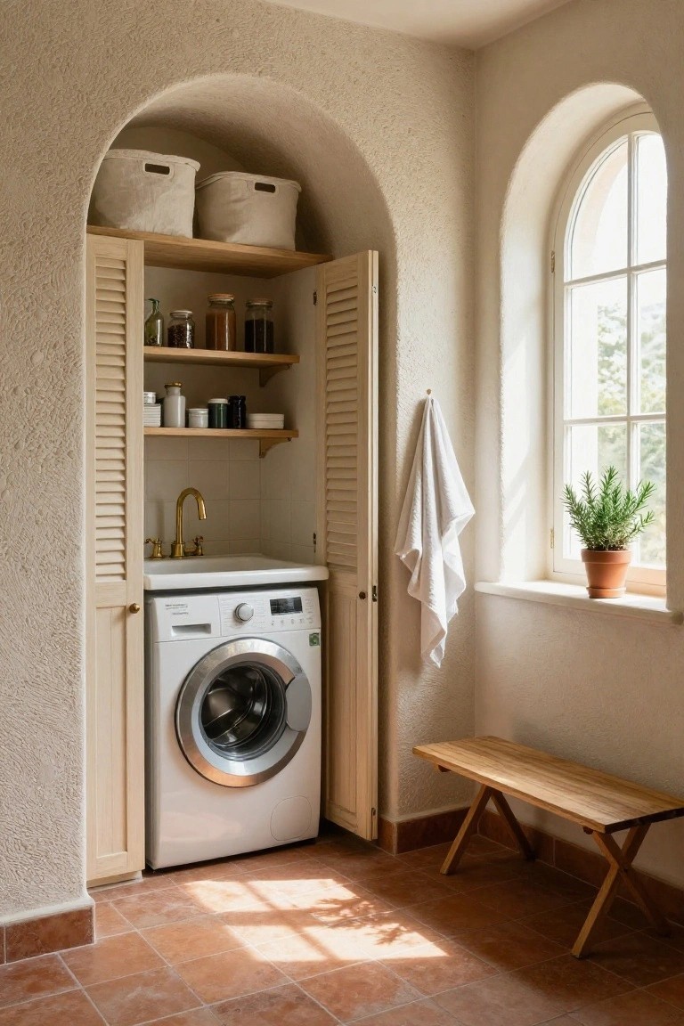 Arched alcove in a beige plaster-walled laundry room with open louvered cream shutters revealing wooden shelves stocked with jars, a white front-loading washer, white utility sink with gold faucet, hanging white towel, potted rosemary on arched windowsill, and wooden bench on terracotta tile floor.