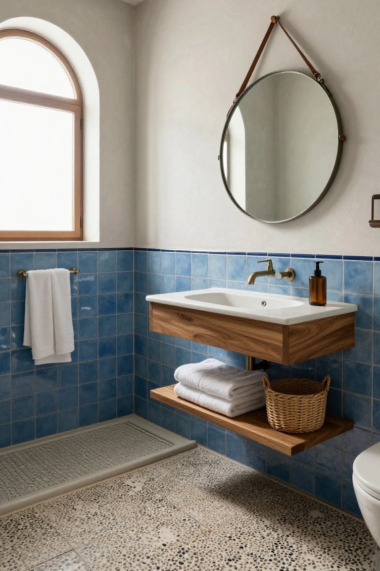 Bathroom with light walls and blue square tiles on lower half, floating wooden vanity and shelf holding folded towels and woven basket, brass towel bar and faucet, round mirror hung by leather straps, arched wood window, pebble stone floor, linear shower drain, and white toilet.