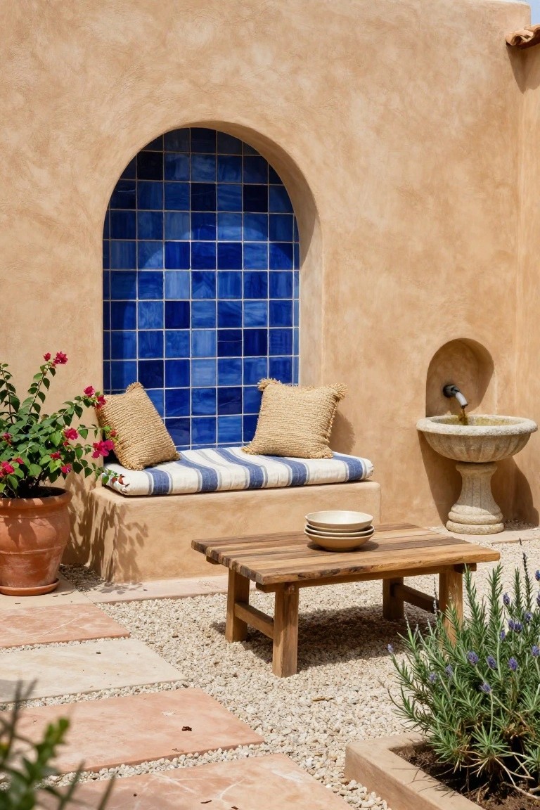 Outdoor built-in bench with beige cushions under a blue tiled arched wall niche next to a wooden low table, stone fountain, potted bougainvillea and lavender plants on gravel with terracotta pavers.