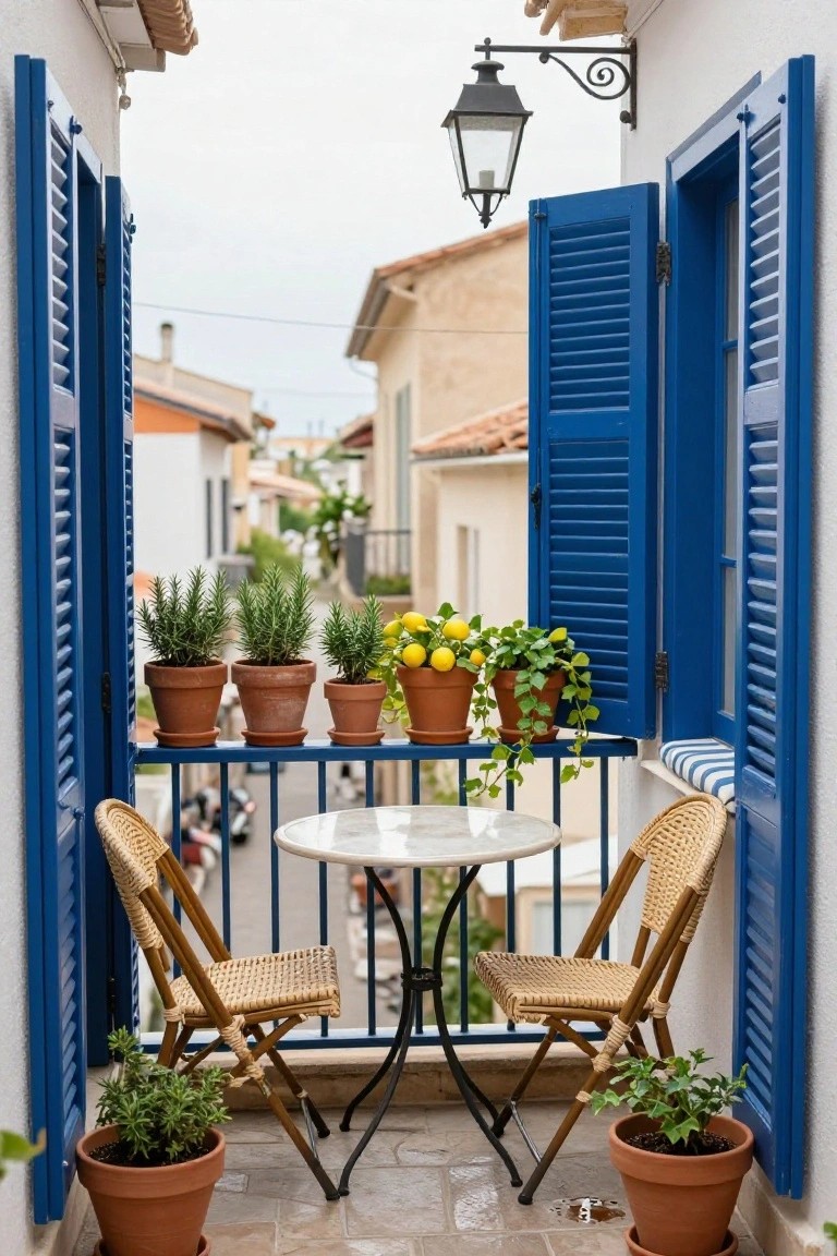 Blue balcony with lemon plant, woven chairs, and open shutters.