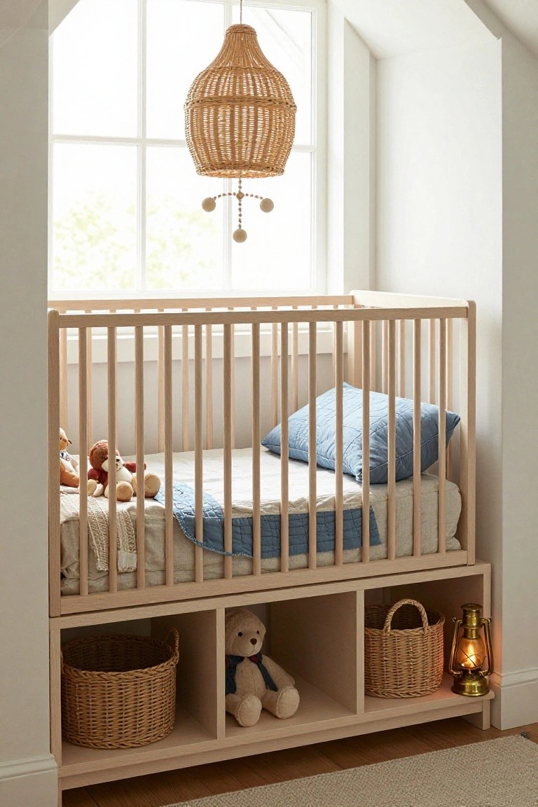 Built-in wooden crib under a large window in an attic-style room with sloped white walls, blue quilted bedding, stuffed animals on the bed, and lower storage cubbies holding wicker baskets, teddy bears, and a lantern.