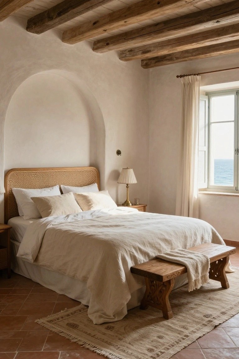 Bedroom interior featuring exposed dark wooden beams on the ceiling, rattan headboard with white and beige pillows and linens on the bed, wooden side tables with lamps, arched white wall niche, white curtains on window with sea view, terracotta tile floor, and woven rug.