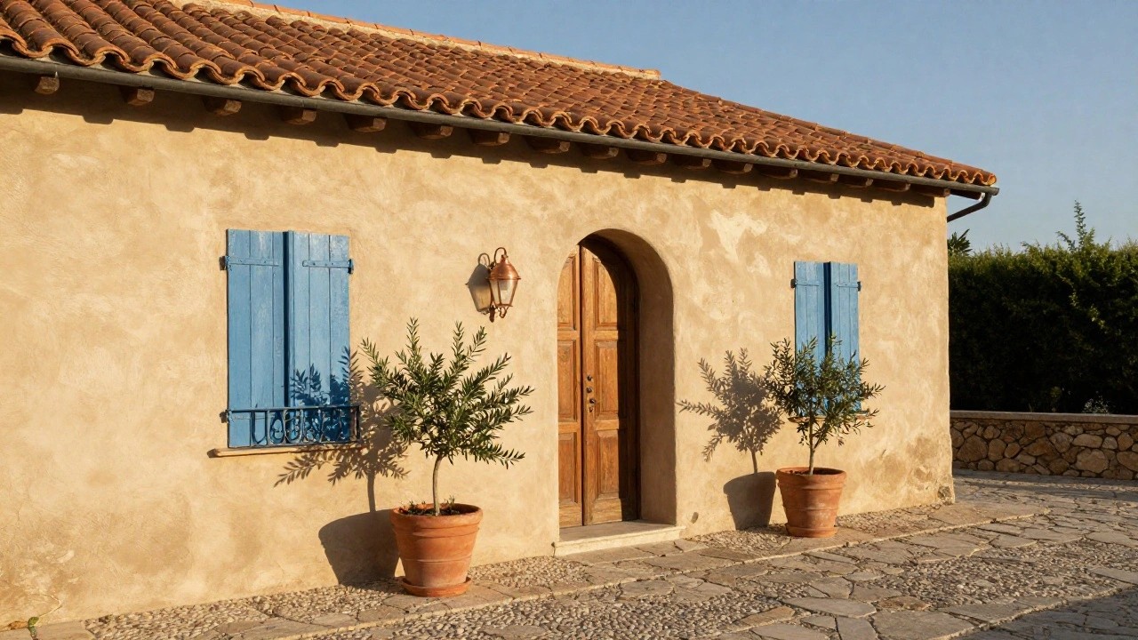 Ochre stucco Mediterranean house facade with terracotta tile roof, blue shutters, wrought-iron balcony with plants, arched wooden front door, wall lantern, potted olive trees and flowers on stone-paved entry with low stone wall.