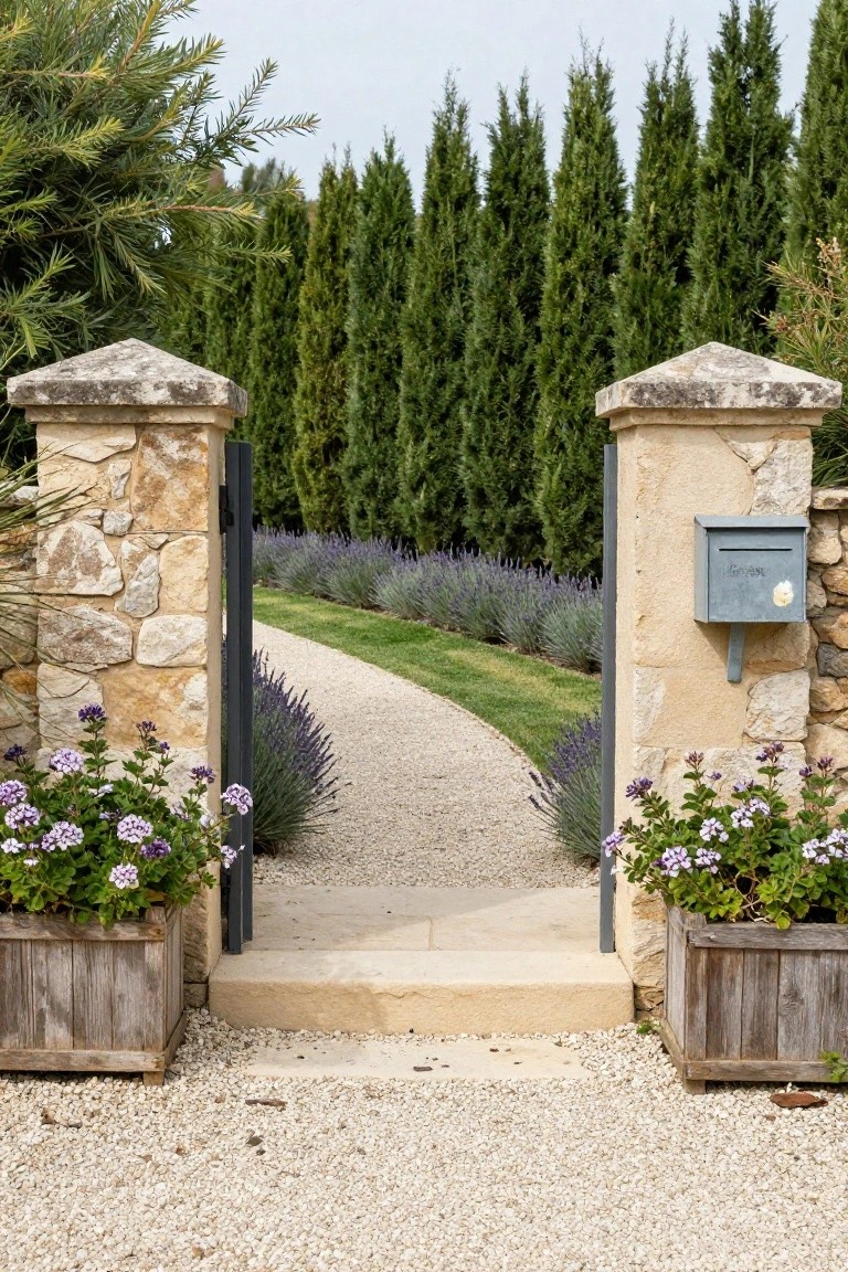 Stone pillars supporting a black metal gate at the entrance to a gravel path lined with lavender bushes on both sides, wooden planters with purple flowering plants on either side of the gate, cypress trees and additional lavender in the background.