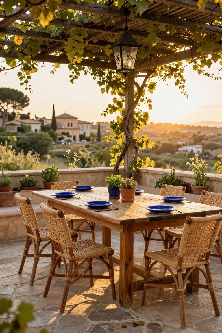 Wooden dining table set with blue plates and rattan chairs on a stone terrace under a vine-covered pergola with a hanging lantern, overlooking hillside villages at sunset.
