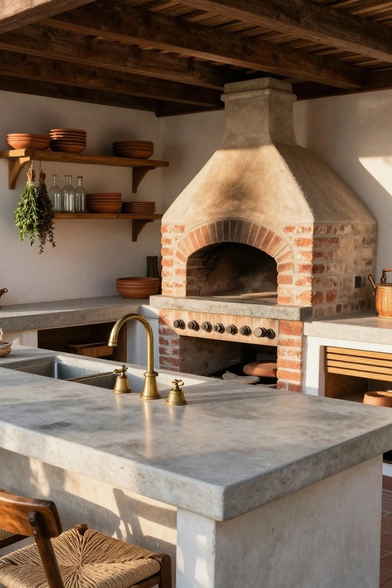 Outdoor kitchen under wooden beams with a large arched brick pizza oven, concrete countertop and double sink with gold faucets, wooden shelves holding terracotta bowls and bottles, and a woven chair nearby.