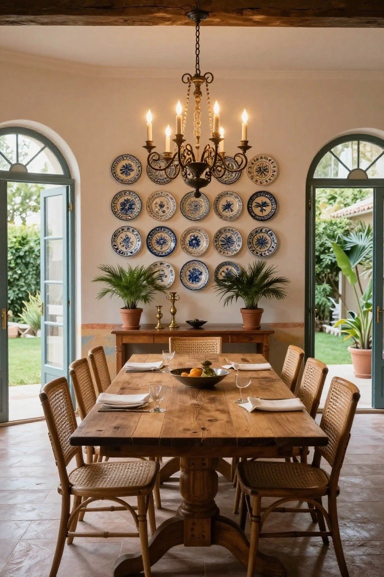 Sunlit dining room with rustic wooden table and rattan chairs, blue and white plates arranged on the wall, brass chandelier overhead, and open arched doors to garden.