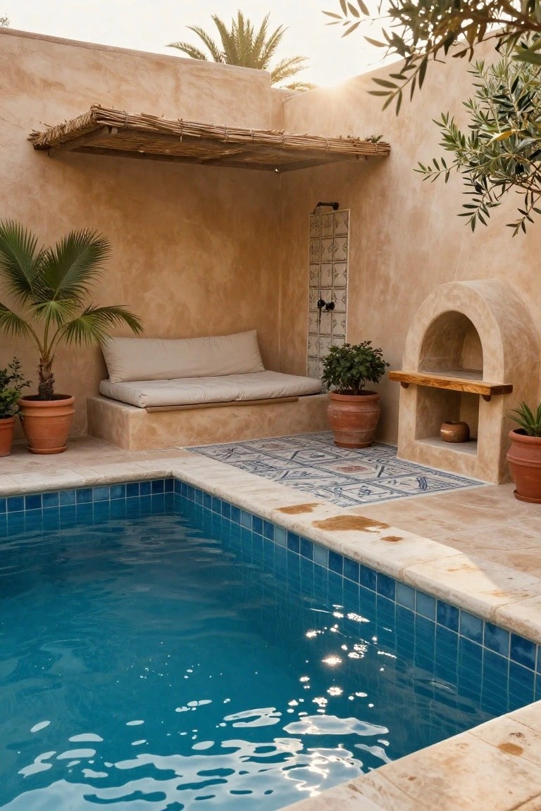 Small turquoise-tiled pool next to a beige plaster wall with built-in cushioned bench, potted plants, outdoor shower, arched fireplace nook, and patterned tile flooring under a thatched overhang.