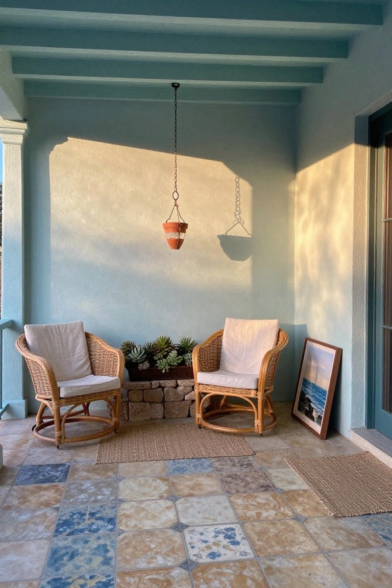 Covered porch with turquoise ceiling beams, two beige-cushioned wicker armchairs, potted succulents in stone planter, hanging terracotta lantern with chain, wooden picture frame, seagrass rugs, and multicolored patterned tile floor.