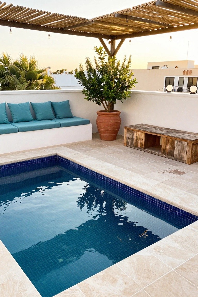 Rooftop terrace with small rectangular blue-tiled plunge pool, teal cushioned bench seating along white wall, wooden bench, large terracotta potted plant, and bamboo pergola overhead against sunset sky with palms and buildings in background.