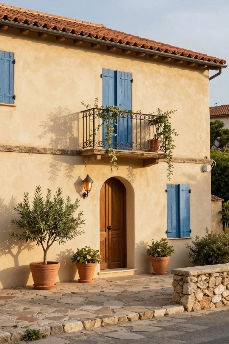Ochre stucco Mediterranean house facade with terracotta tile roof, blue shutters, wrought-iron balcony with plants, arched wooden front door, wall lantern, potted olive trees and flowers on stone-paved entry with low stone wall.