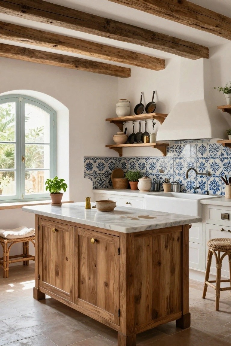 Kitchen interior with exposed rustic wooden beams on the ceiling, central wooden island with white marble top and stools, blue patterned tile backsplash, white cabinets, sink, and arched window with greenery outside.