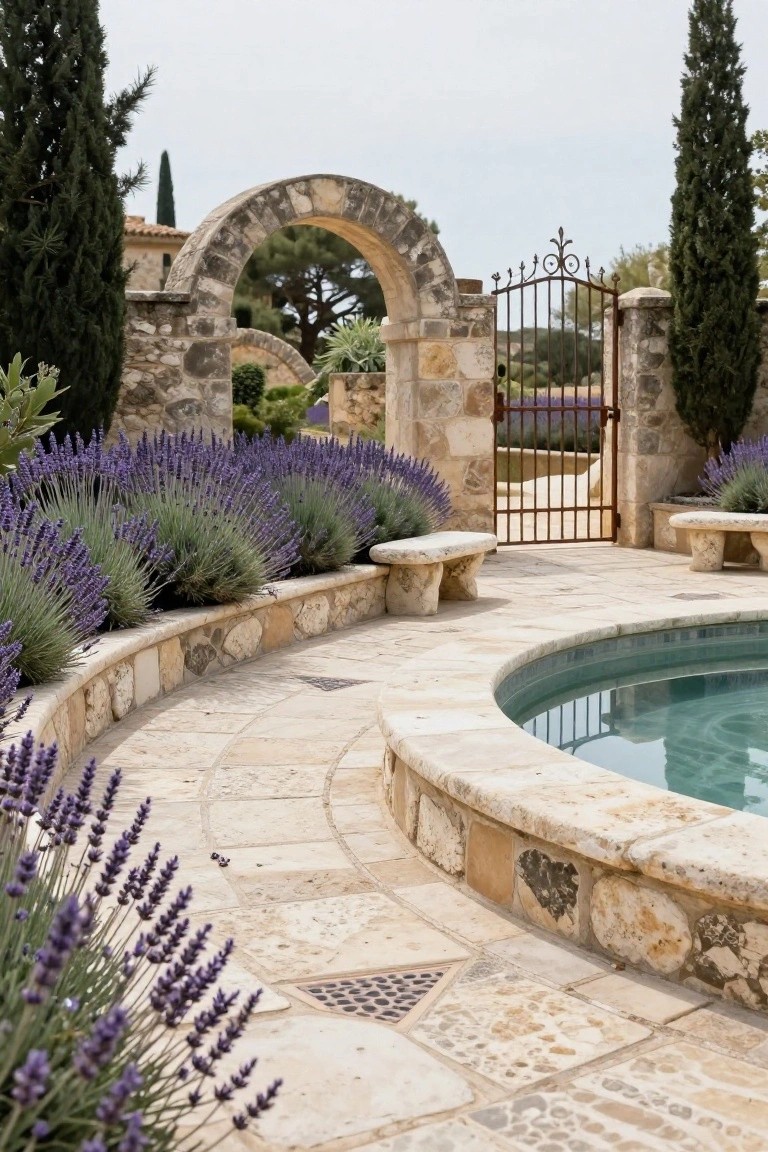 Stone arched gateway with wrought iron gate leading to a curved beige stone pathway around a small turquoise pool, bordered by purple lavender plants, stone benches, and tall cypress trees.