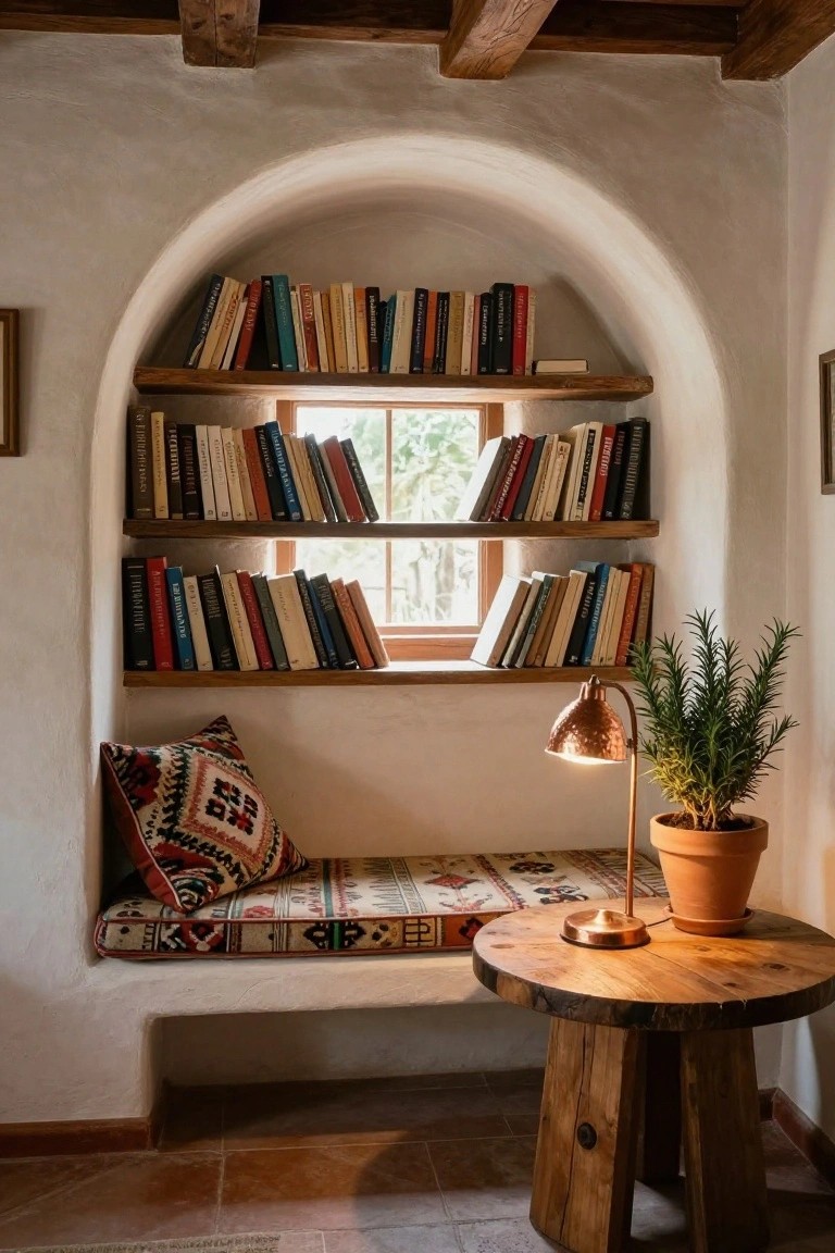 Arched indoor alcove with three levels of wooden bookshelves around a window, cushioned bench seat with patterned pillows, copper lamp on wooden side table next to potted rosemary plant, white plaster walls, exposed wood beams, and terracotta tile floor.