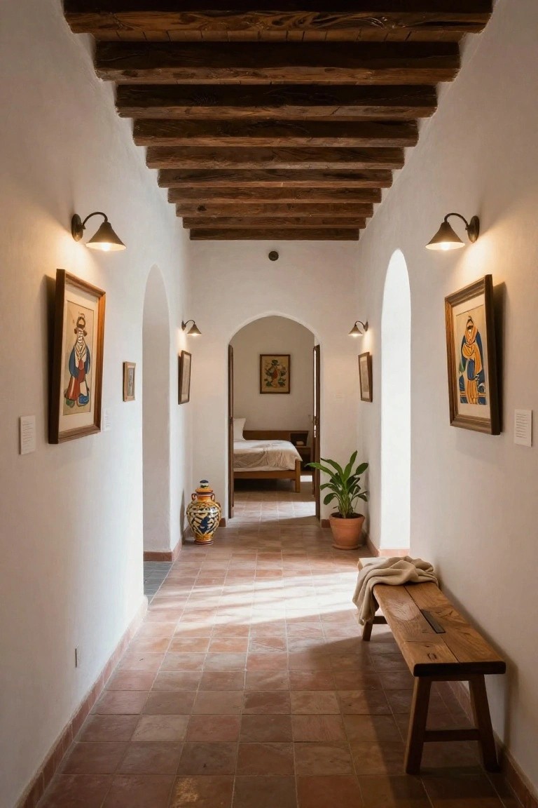 Long interior hallway with exposed dark wooden beams on the ceiling, white stucco walls, arched doorways leading to a bedroom, framed folk art paintings, a large ceramic vase, potted plant, wooden bench with blanket, and terracotta tile floor.