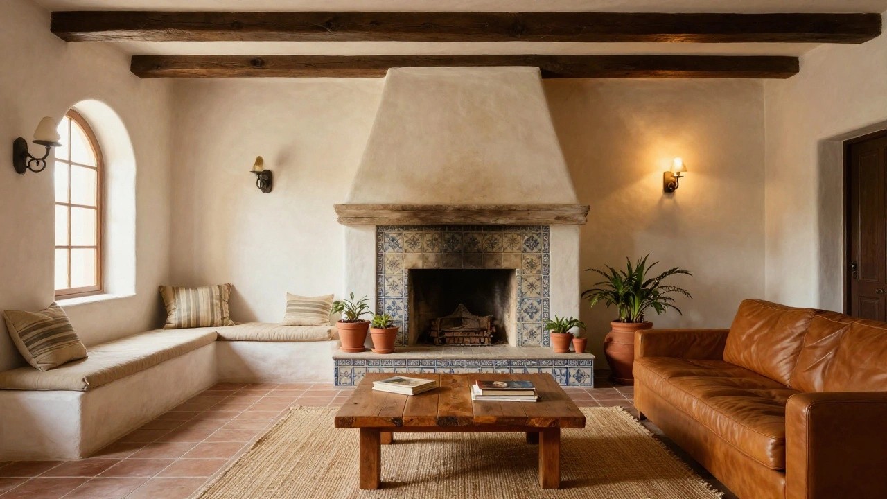 Cozy living room interior with blue-and-white tiled fireplace, burning fire, beige leather sofa, wooden coffee table, window seat under arched window, potted plants, terracotta tile floors, and exposed wooden beams on ceiling.