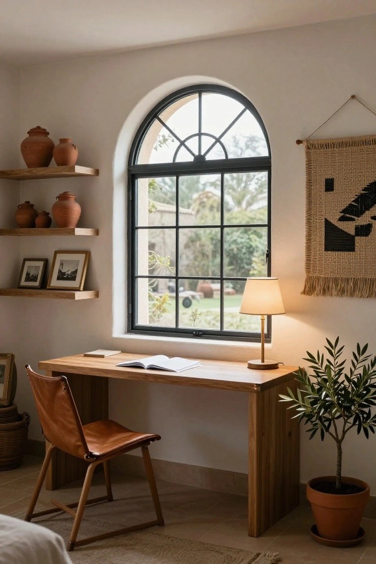 Home office interior with wooden desk holding an open book, tan leather chair, potted olive tree, floating shelves displaying terracotta pots and framed photos, and large arched black-framed window overlooking garden.
