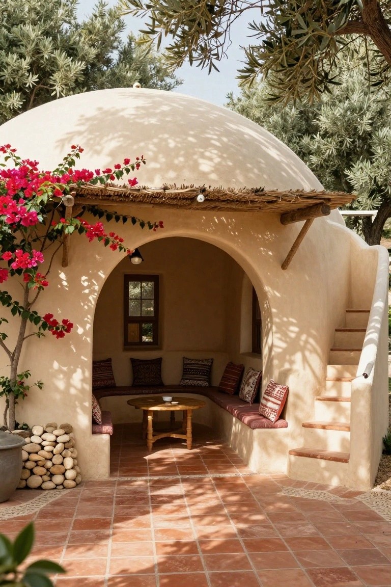 Beige dome-shaped structure with arched open entrance featuring built-in curved benches with patterned cushions around a low wooden table on terracotta tile floor, bougainvillea vines climbing the walls, stone steps ascending one side, and olive trees in the background.