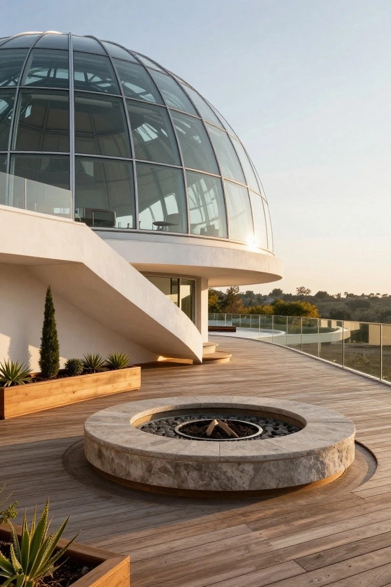 Wooden deck with central circular stone fire pit containing burning logs and pebbles, adjacent to curved white architecture and large glass dome structure, potted plants along the edge, glass railing, and hillside view at dusk.