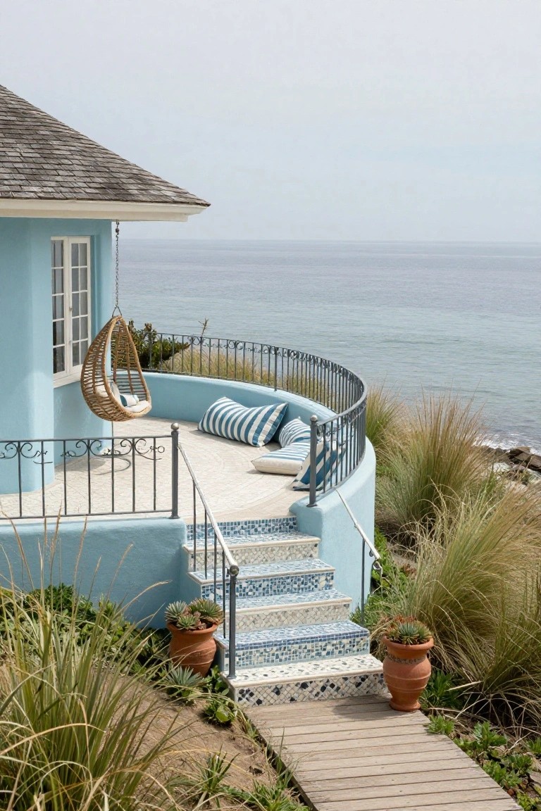 Light blue curved stucco house exterior with black metal balcony railing, hanging rattan swing chair, striped cushions on built-in bench, blue mosaic-tiled stairs leading to wooden path, grasses and potted plants around, ocean view in background.