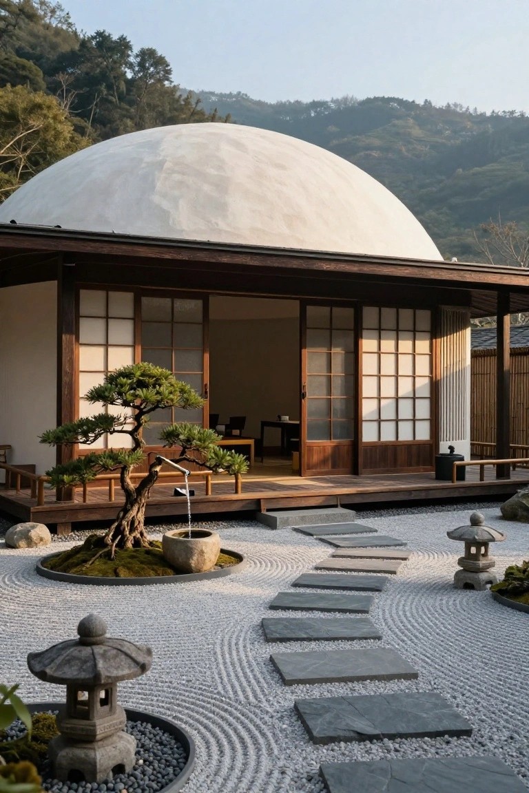 White dome structure attached to a wooden Japanese-style house with open shoji sliding doors, bonsai tree on deck, stone water basin, zen gravel garden with stepping stone path and stone lanterns, on a forested hillside.