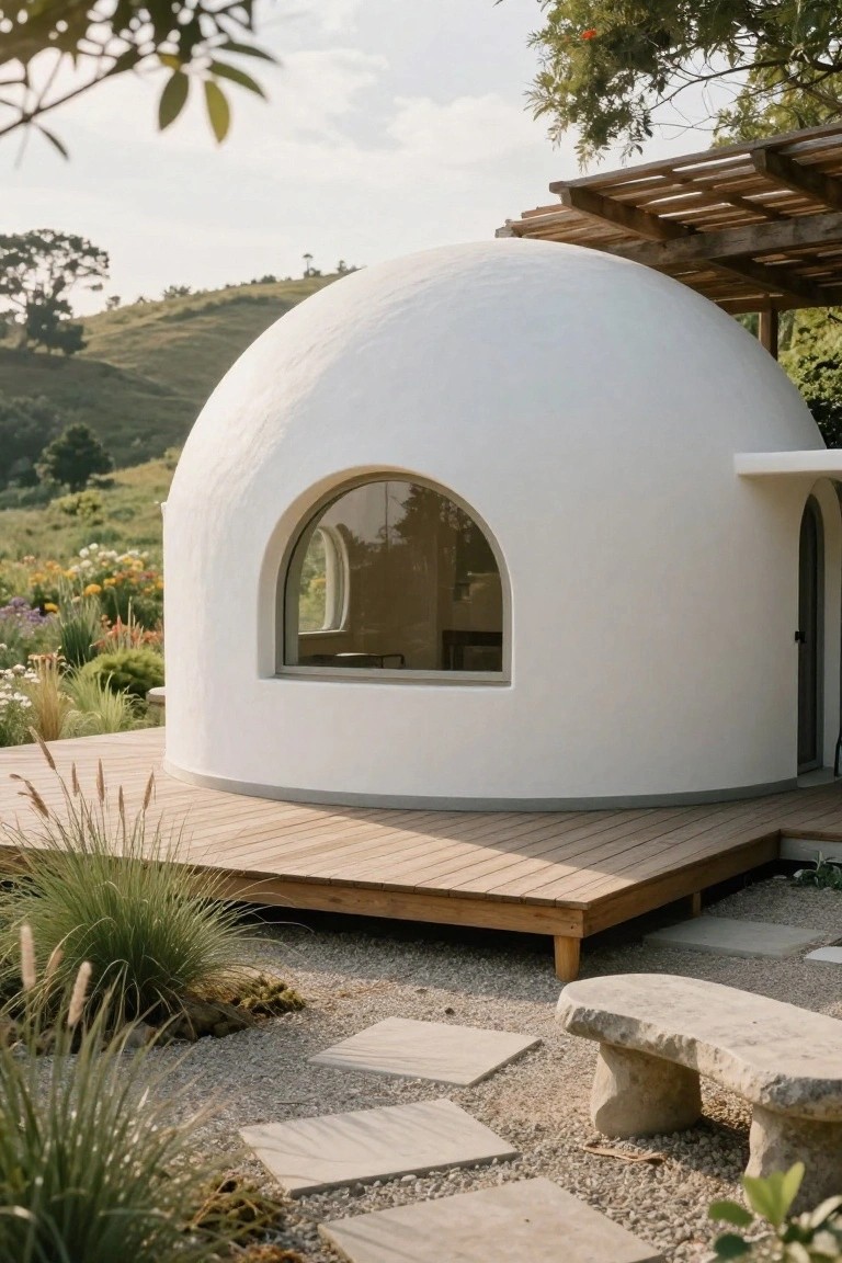 White dome-shaped house with arched window and door, elevated on a wooden deck platform surrounded by gravel paths, stone bench, grasses, and flowers on a hillside with hills and trees in the background.