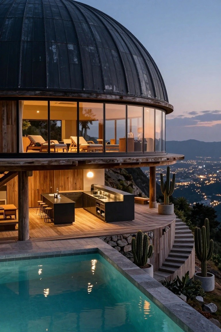 Exterior of a black metal-domed wooden house elevated on a rocky hillside at dusk, with wraparound deck, outdoor kitchen bar, infinity-edge pool, cacti plants, stairs, and city lights visible in the distant valley.