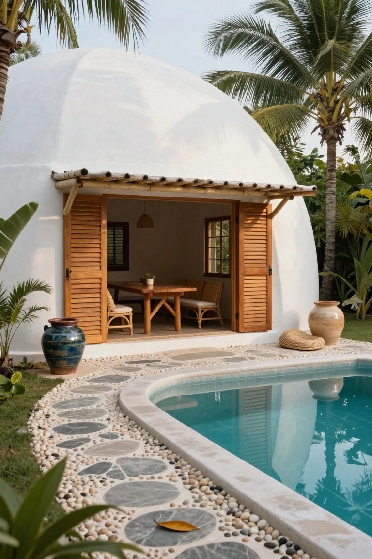 White dome-shaped house with open wooden louvered shutters revealing an interior wooden dining table and chairs, positioned next to a turquoise pool edged by a pebble and flat stone path amid tropical plants and palm trees.